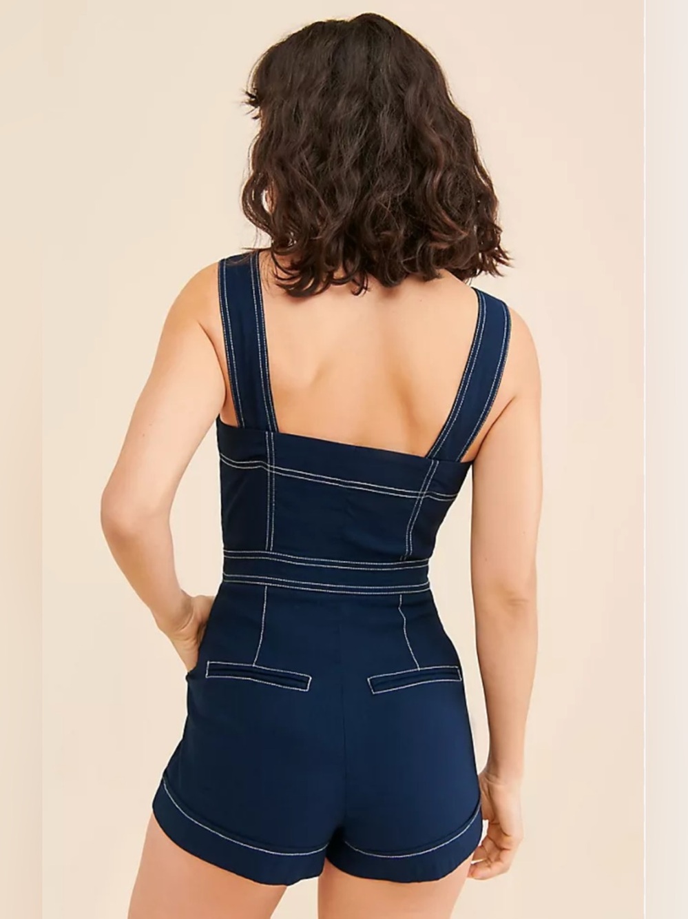 Anthropologie Maeve Denim Button Front Romper | Contrast Stitch | Size 0 - Picture 3 of 9